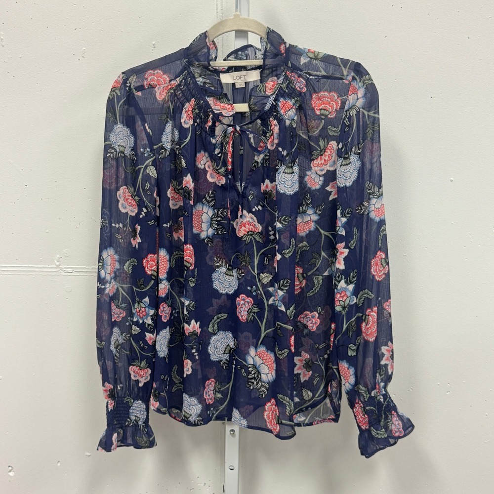 LOFT Floral Chiffon Ruffle Tie Neck Smocked Cuff Blouse Large Navy Blue Sheer